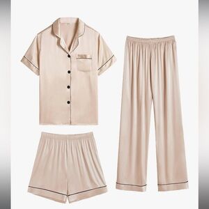 Swomog Silk Pajama Set in Cream, 3 Piece Set
